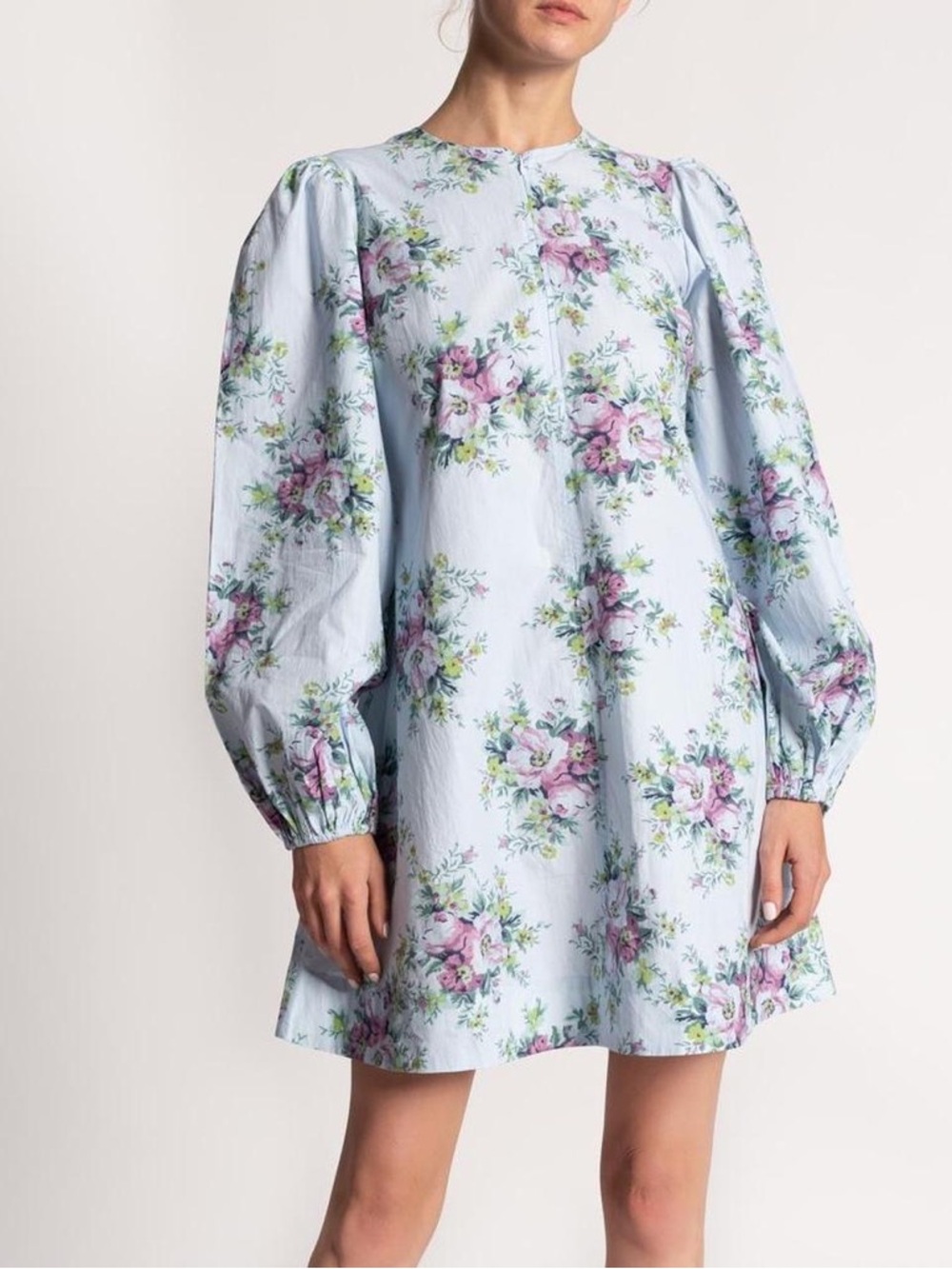 Ganni Blue Floral Poplin Mini Dress Size 40 US 8/10 Puff Sleeve 100% Cotton